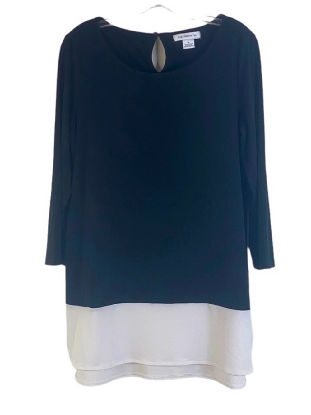 Liz Claiborne Layered Colorblock Tunic Top Medium Black White Keyhole Back